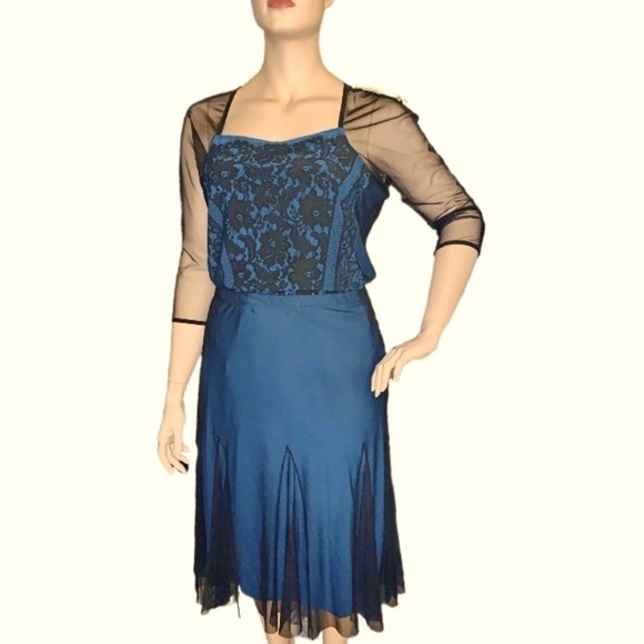 IGIGI Skirt Sheer Black Over Blue Pull-On Kick Pleats Midi Plus Size 18/20 NEW - Picture 3 of 13